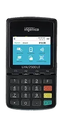 Ingenico Link/2500 LE payment terminal with a keypad and a touchscreen displaying payment options.