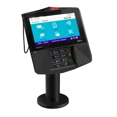 Black point-of-sale payment terminal with touch screen, keypad, and card reader. It displays payment options.