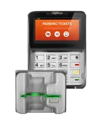 Parking ticket payment machine with touchscreen and card reader.