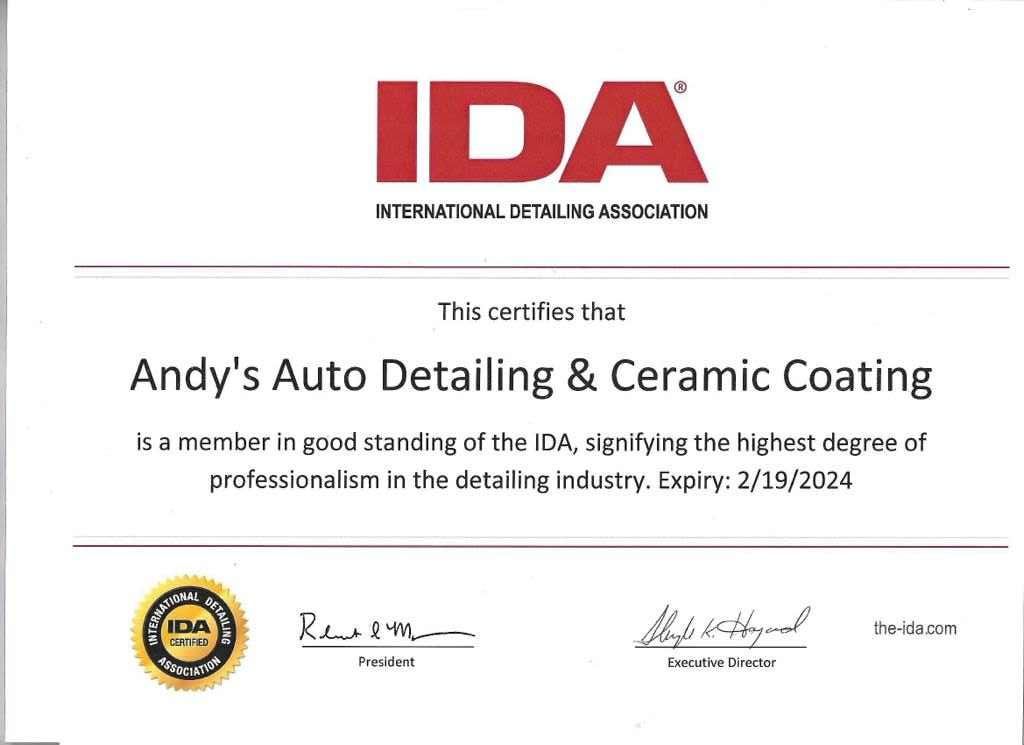 A certificate for andy 's auto detailing and ceramic coating