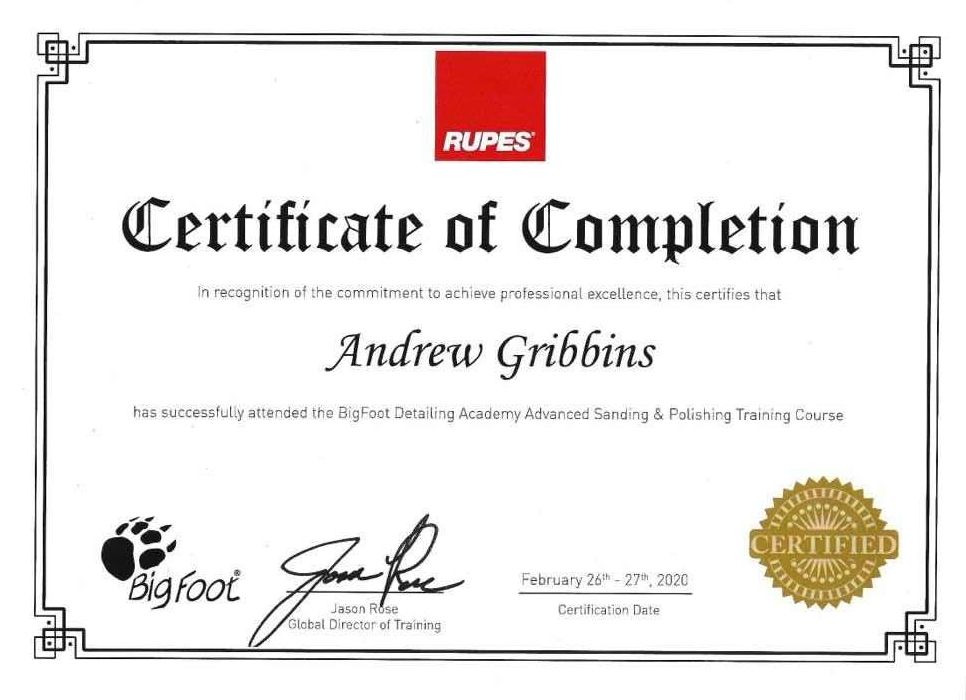 A certificate of completion for andrew gribbins from rupes