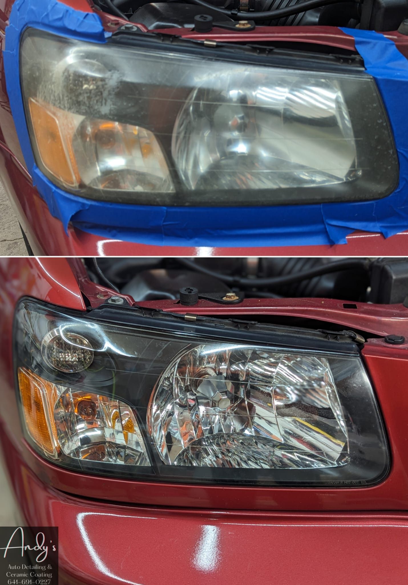 A before and after photo of a car headlight being restored.