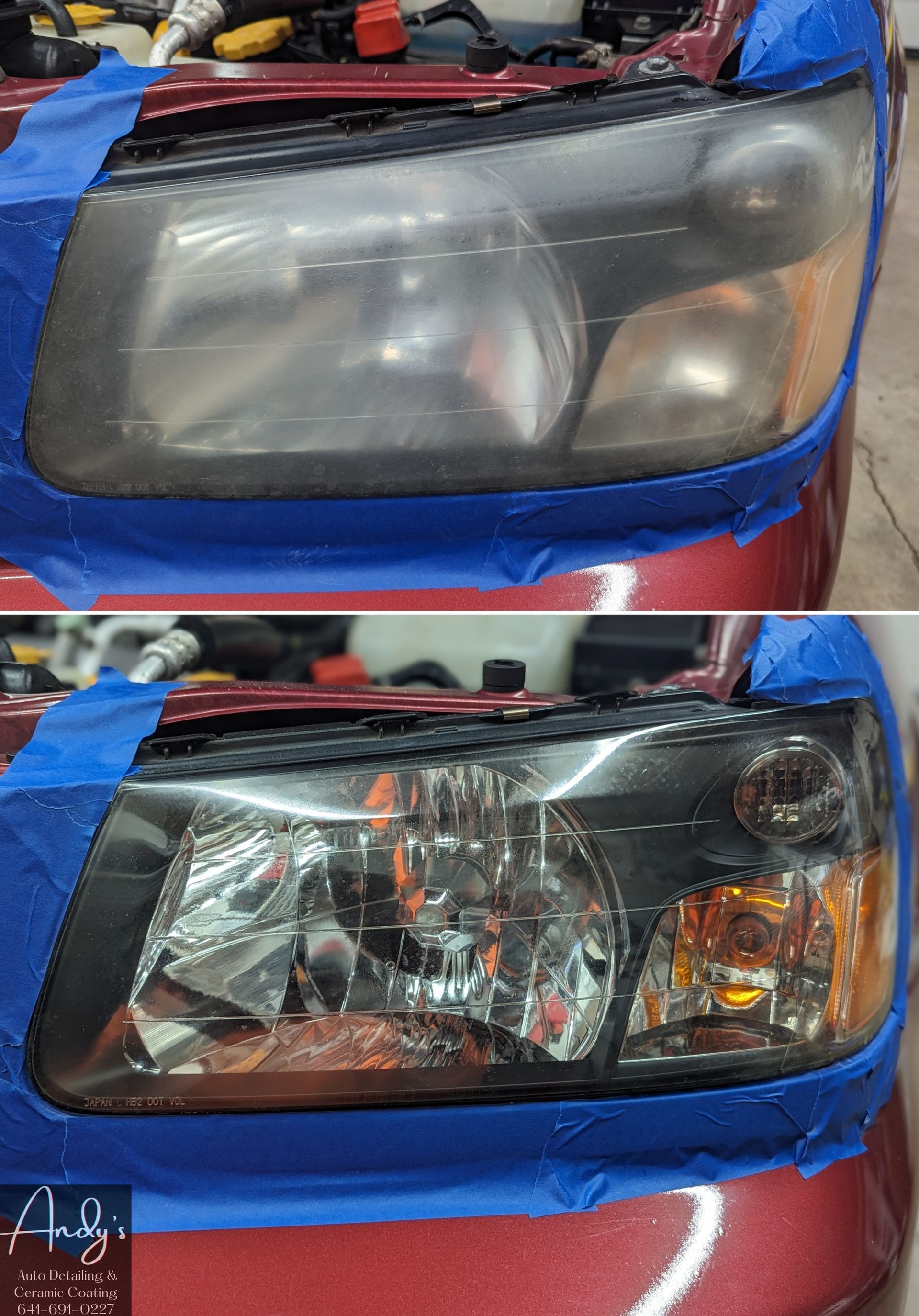 Auto Detailing - A before and after picture of a car headlight being restored.
