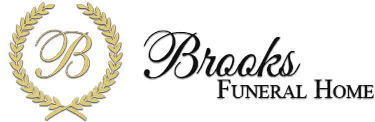 The logo for brooks funeral home has a laurel wreath on it.