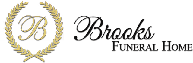 The logo for brooks funeral home has a laurel wreath on it.