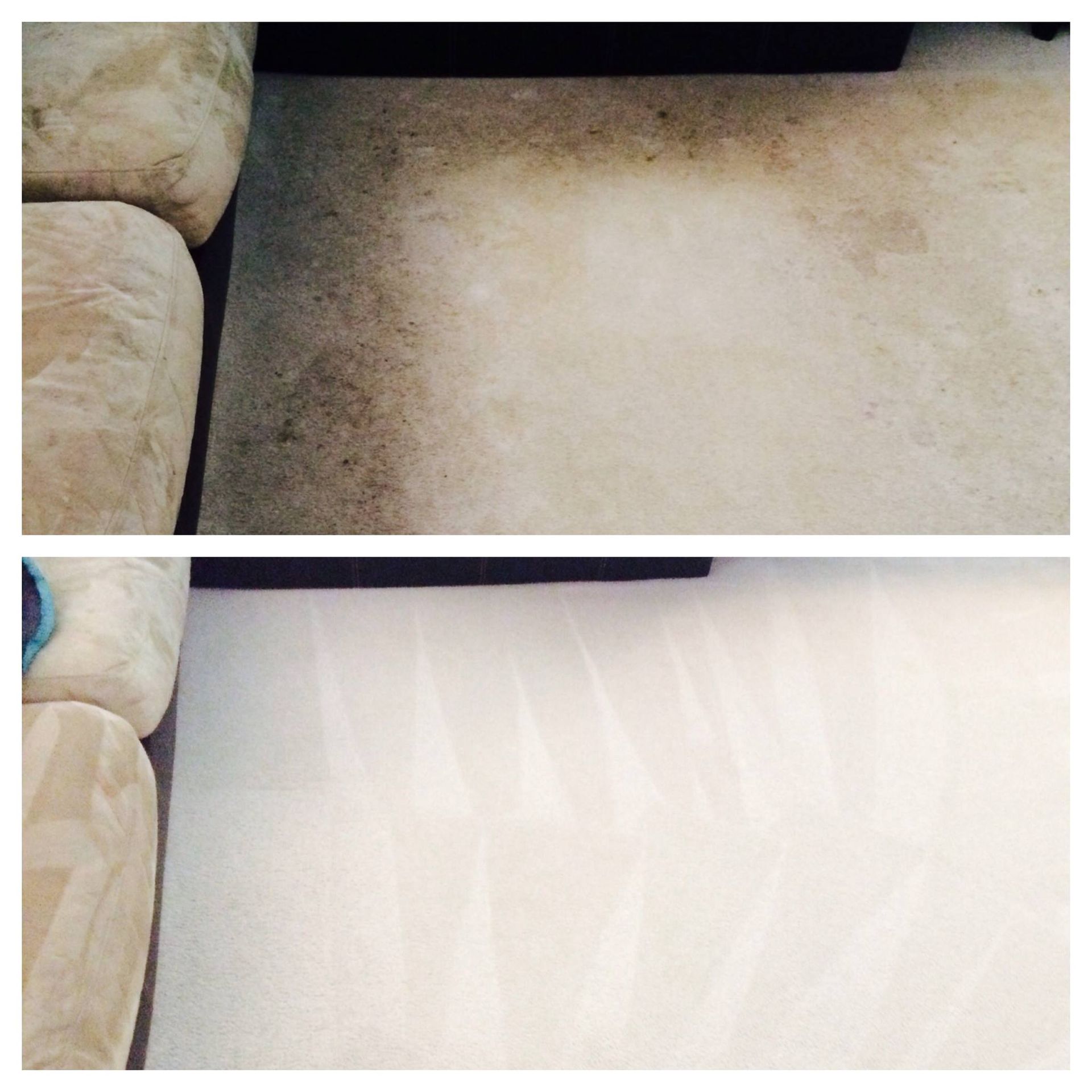 A before and after picture of a dirty carpet and a clean carpet.