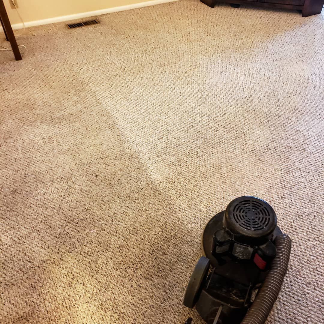 A vacuum cleaner is sitting on a carpeted floor in a living room.