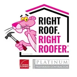 The Pink Panther holds a hammer next to the text 