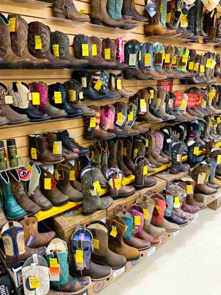 Rows of cowboy boots on shelves in a store, various colors and styles.