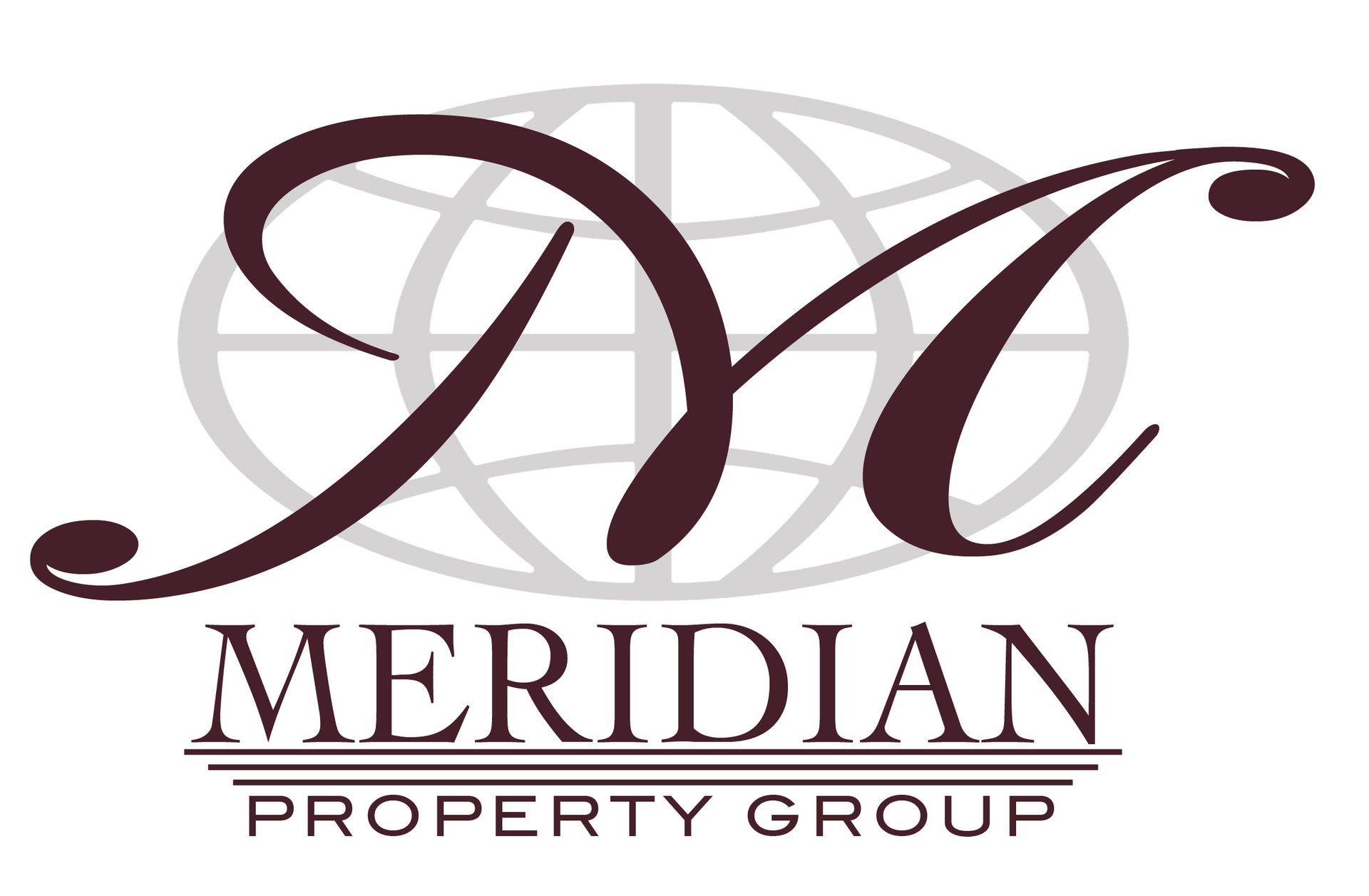 Meridian Property Group logo with burgundy stylized letters over a light gray globe