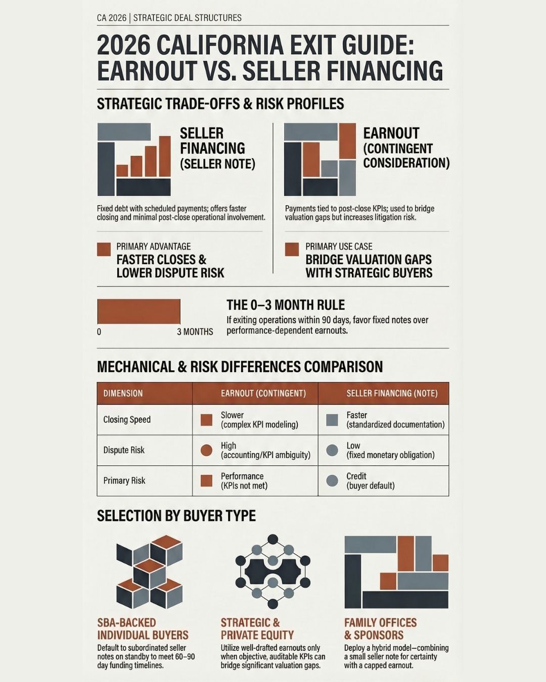 Infographic comparing earnout vs. seller financing in California exits, with strategic trade-offs, risk profiles, and buyer type selection.