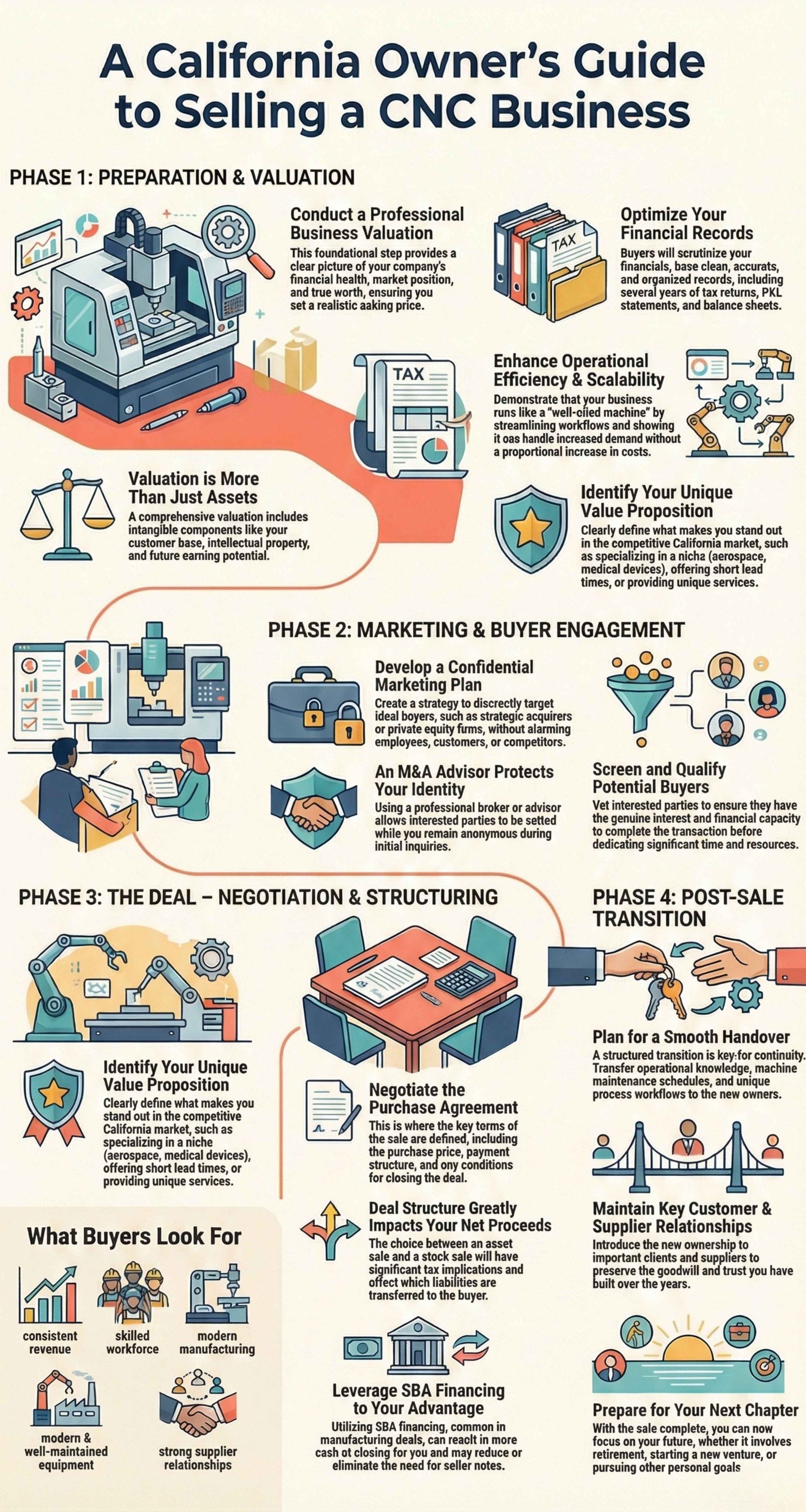 Infographic: California owner's guide to selling a CNC business, with phases from valuation to closing.