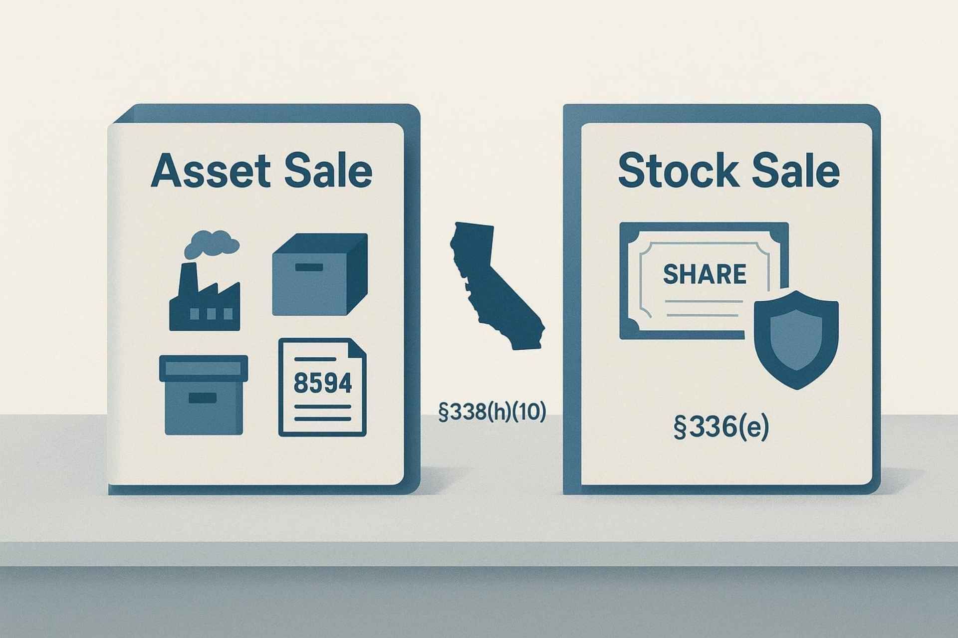 Asset Sale vs. Stock Sale graphic; California outline divides the two; symbols for factory, boxes, and shares.
