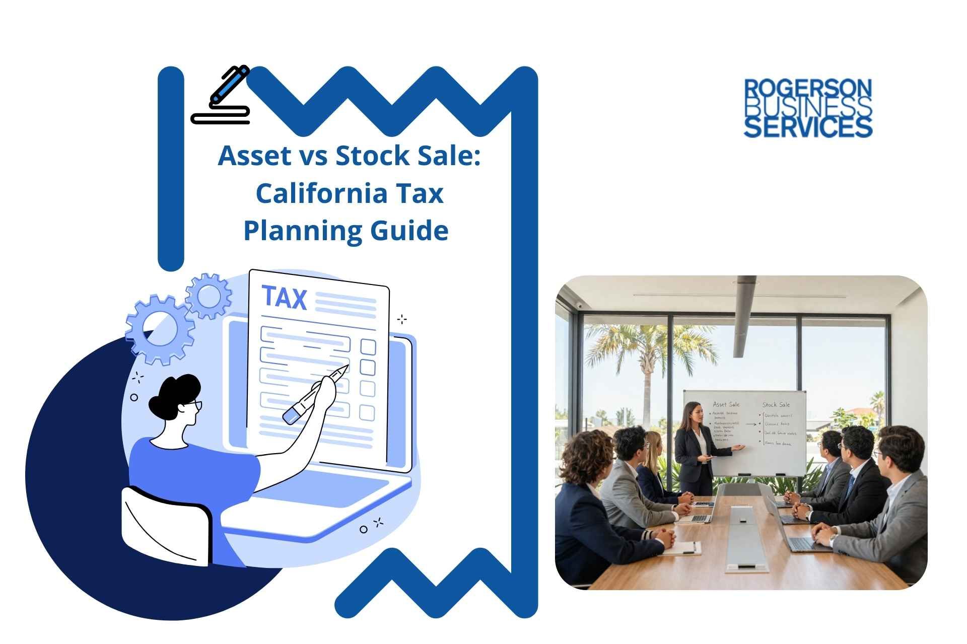 Assistance for Stockton sales tax planning guide beside a meeting room presentation and Rogerson Business Services logo