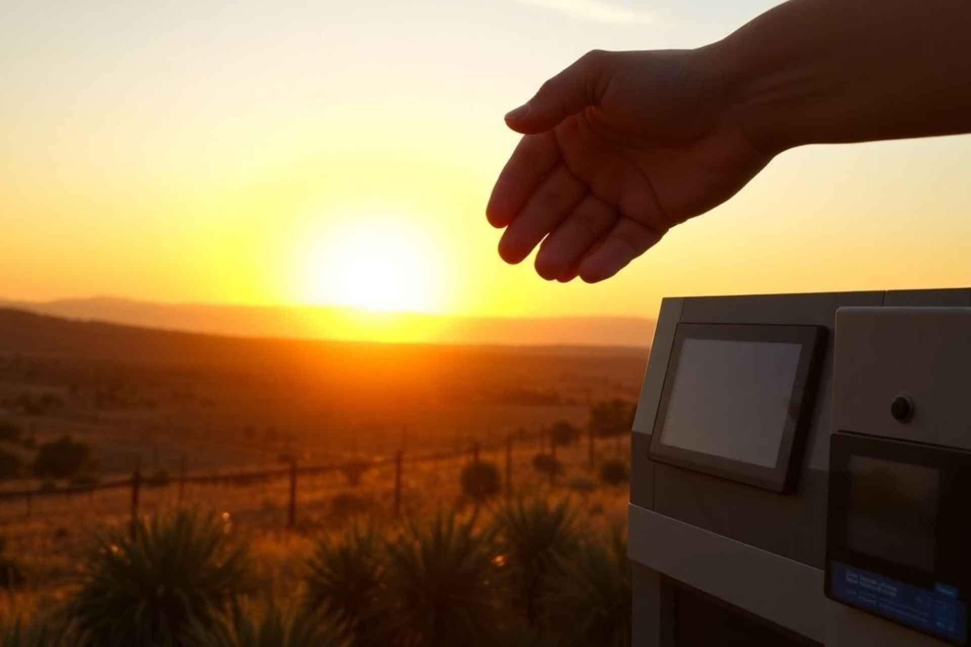 Hand reaching toward the sunset over a landscape, viewed from a ledge with electronic panels.