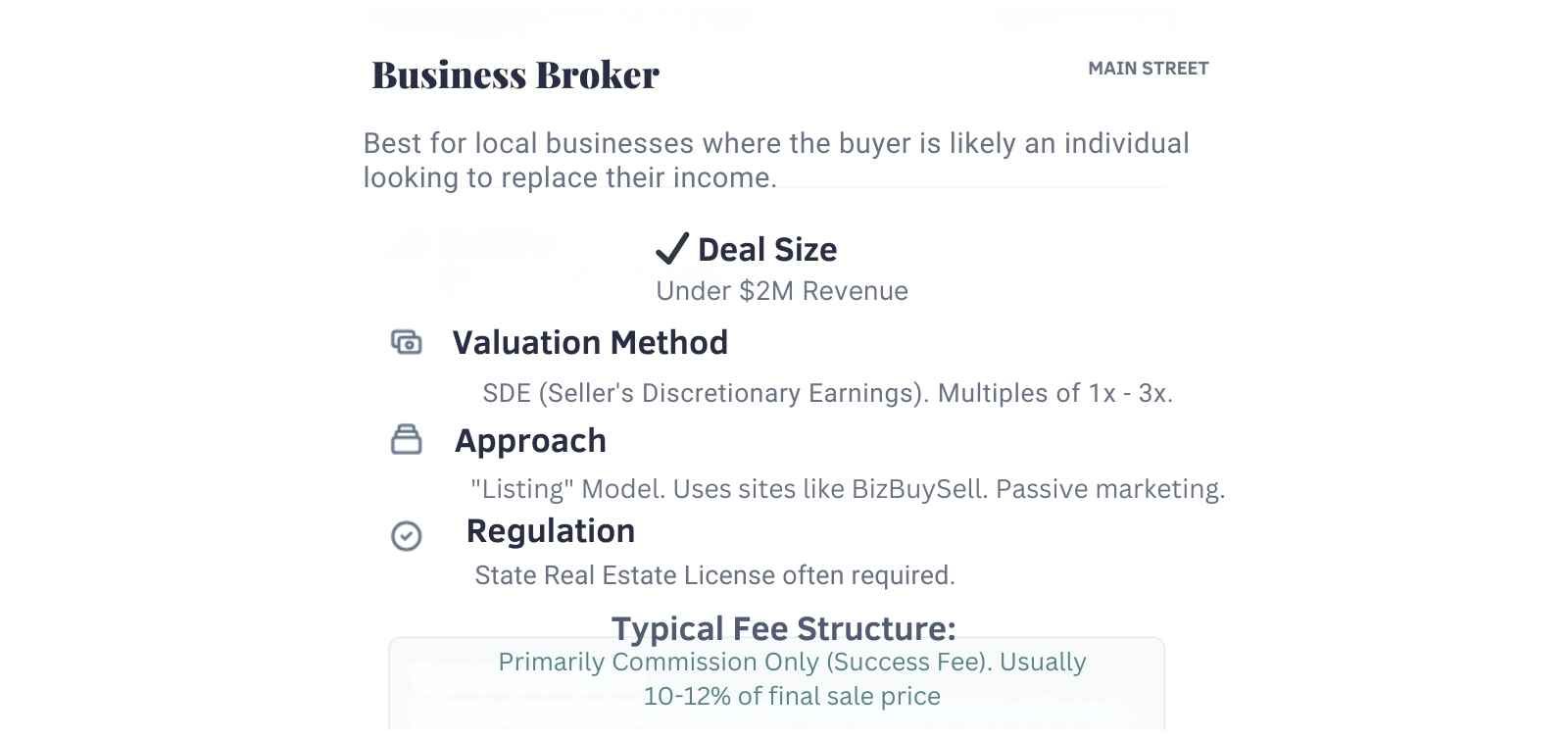 Business broker overview. Deal size under $2M revenue, valuation methods, approach, regulation, and fee structure.