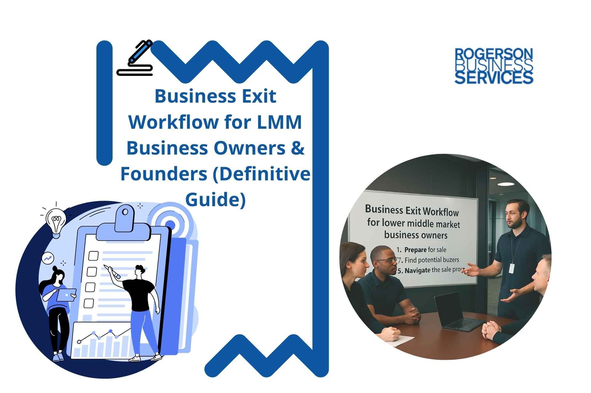 Business Exit Workflow for LMM Business Owners and Founders guide with blue graphics and meeting photo
