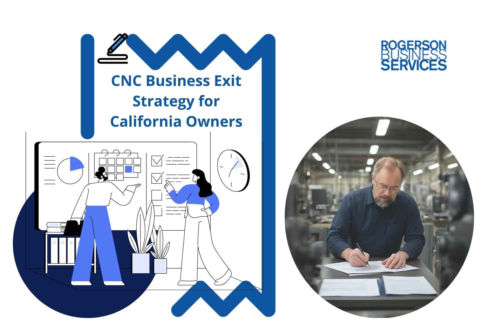 CNC business exit strategy document. Two people looking at a whiteboard, man writing, machine shop setting.