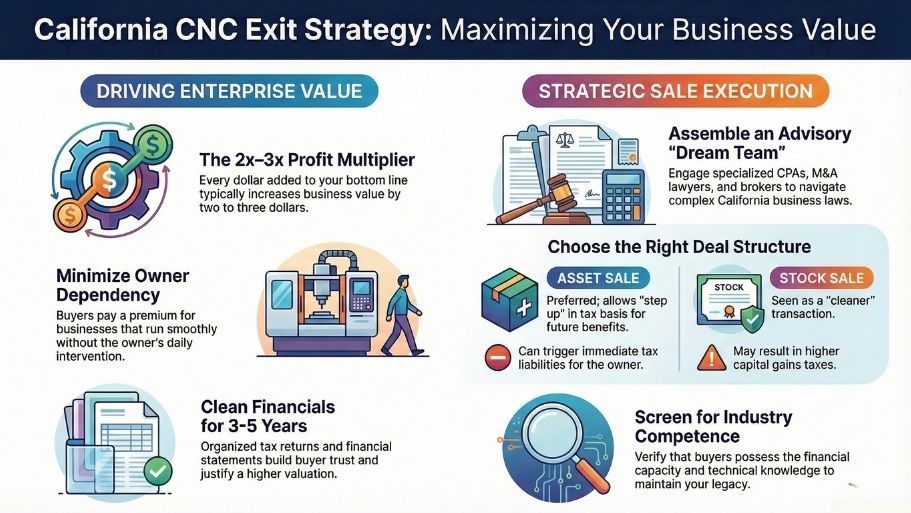 Infographic on California CNC exit strategy. Drives enterprise value and strategic sale execution. Lists key steps and components.