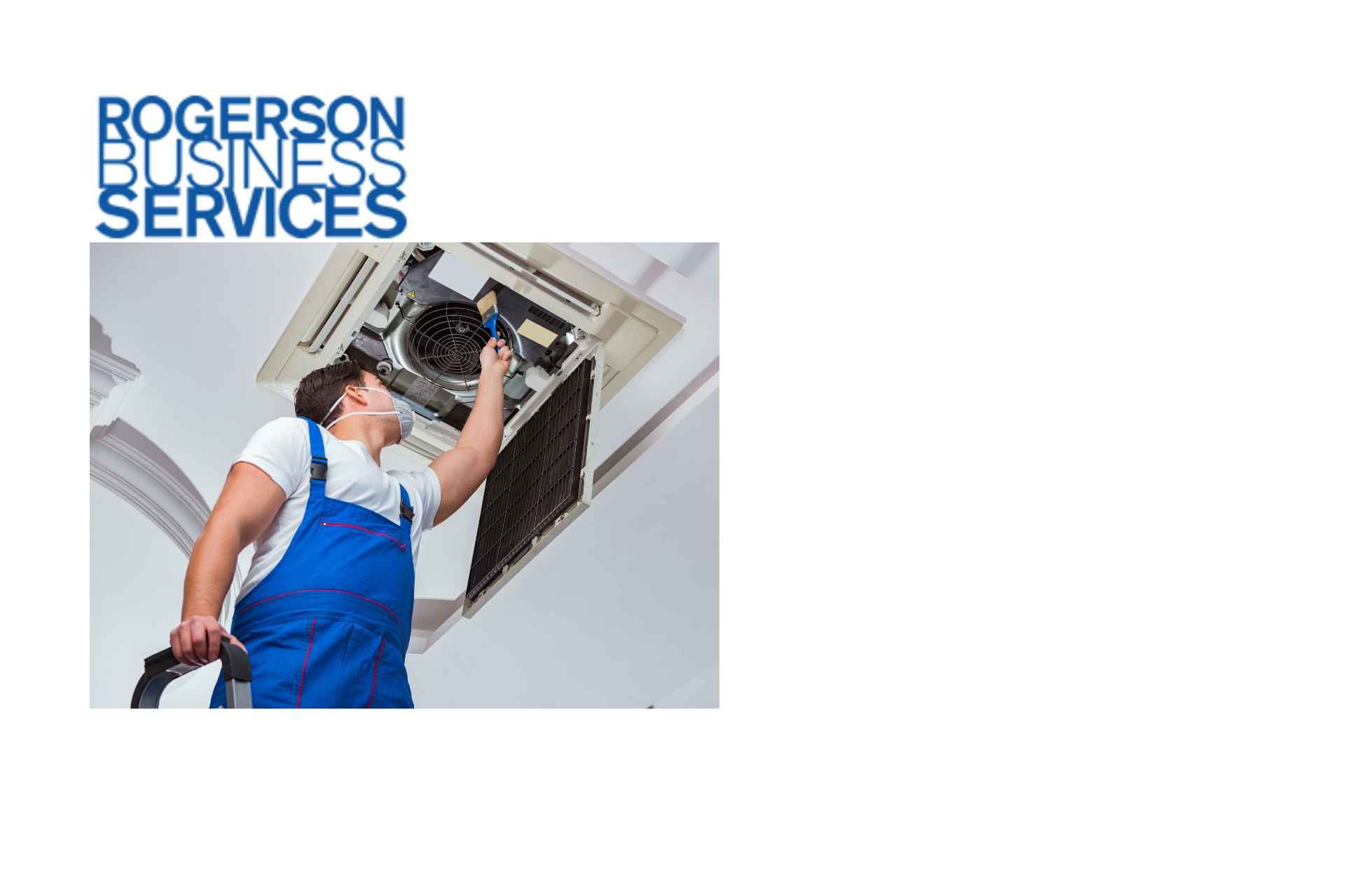 Man in blue coveralls cleaning HVAC system, logo