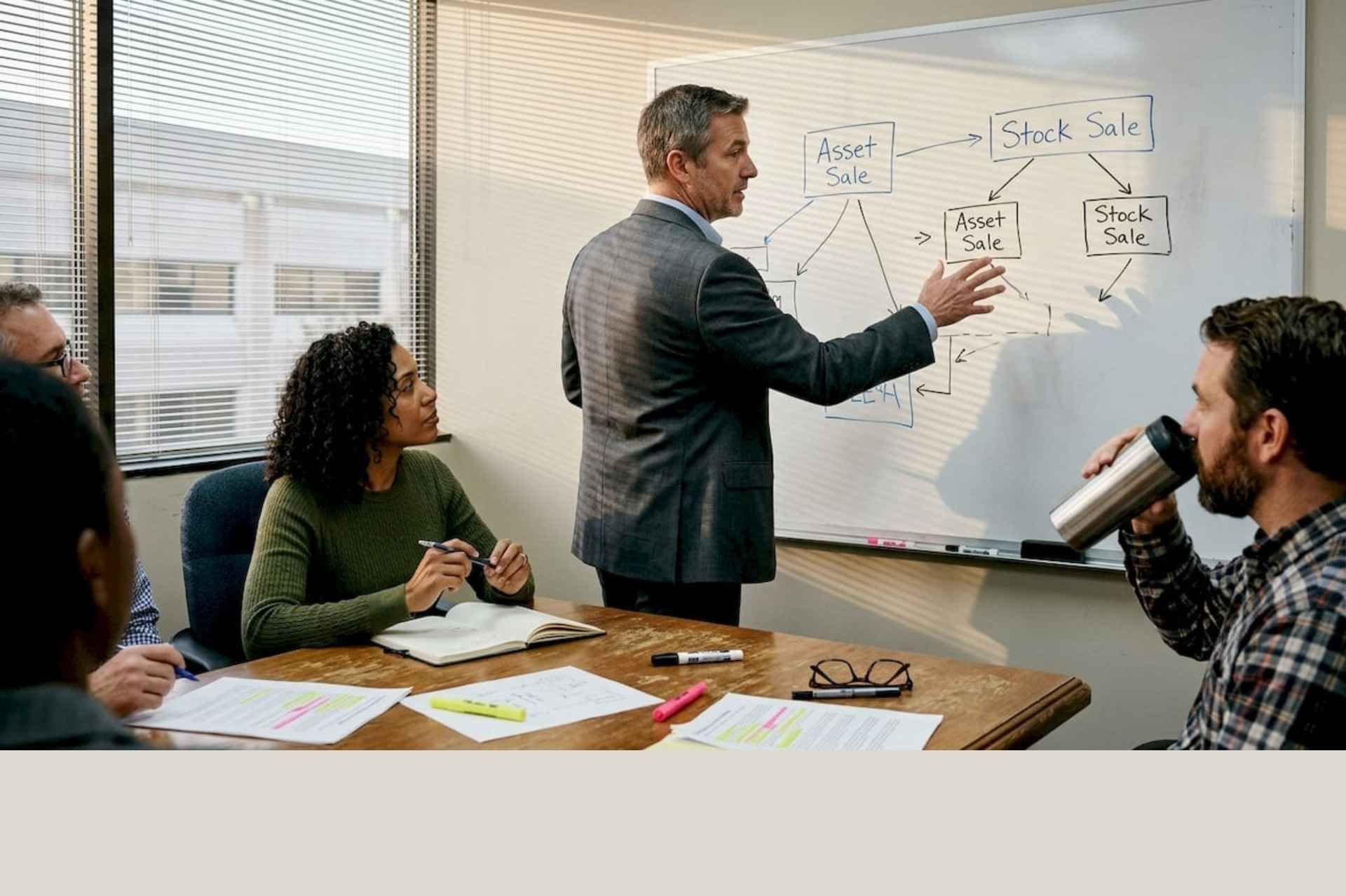 A professional team in a conference room listens as a presenter gestures to a business workflow diagram on a whiteboard.