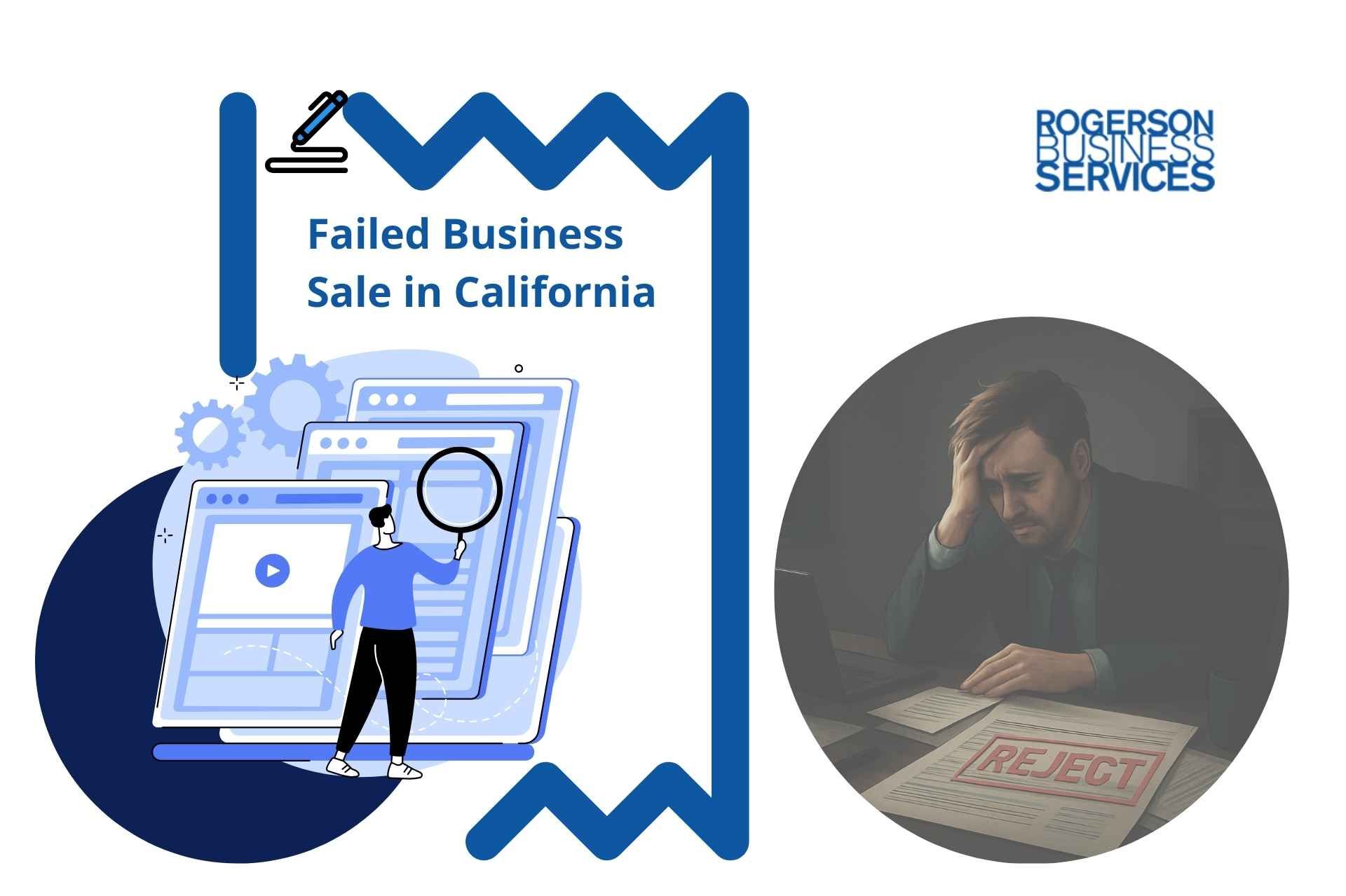 Failed business sale in California: Cartoon with document, magnifying glass, and distressed man with a