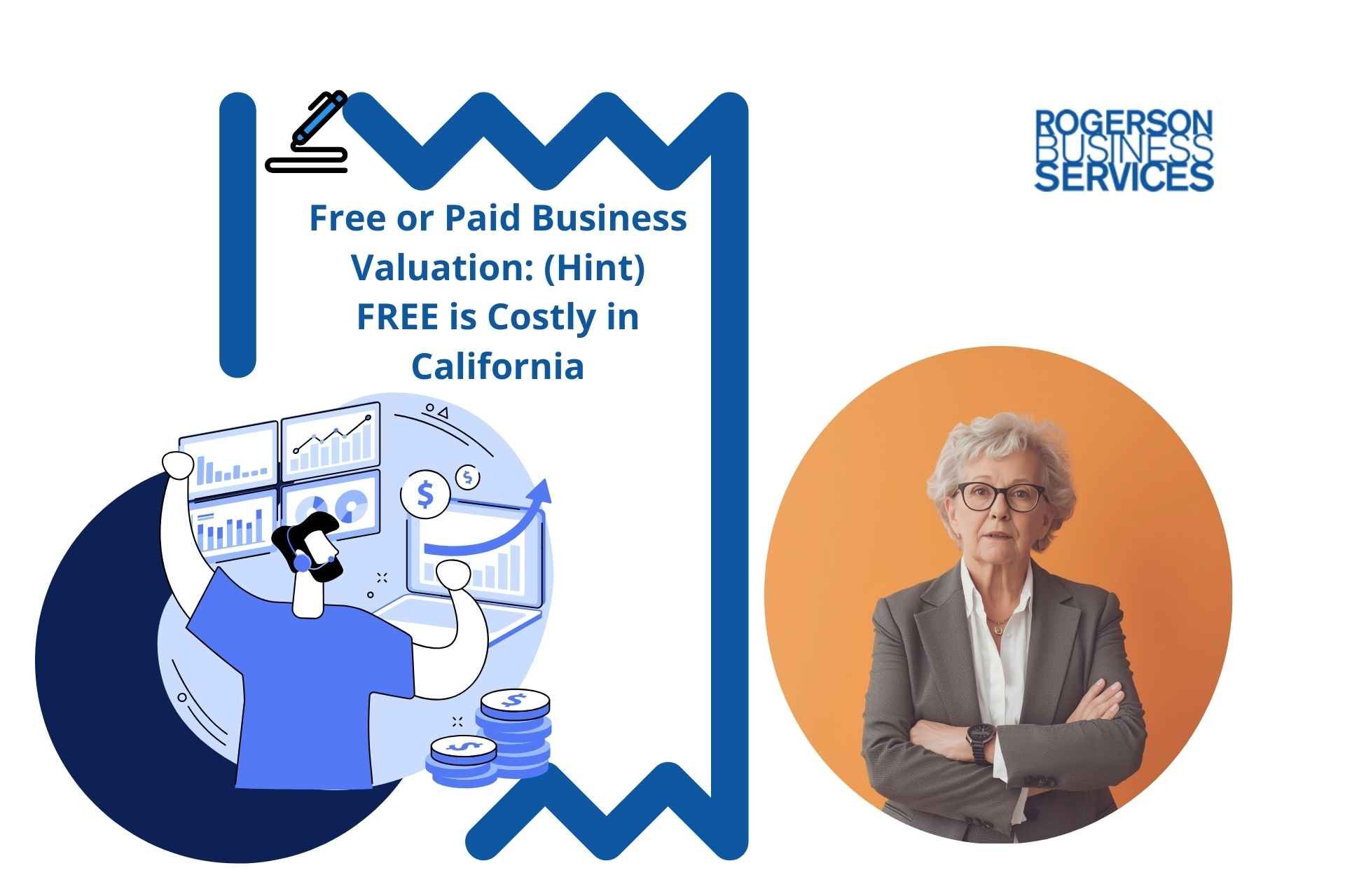 Illustration about business valuation, featuring a person looking at charts and an elderly woman in a blazer.