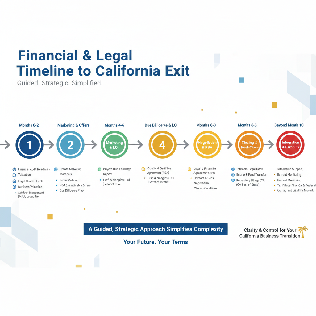 Timeline graphic detailing the financial and legal steps to exit California. Blue text and numbered steps.