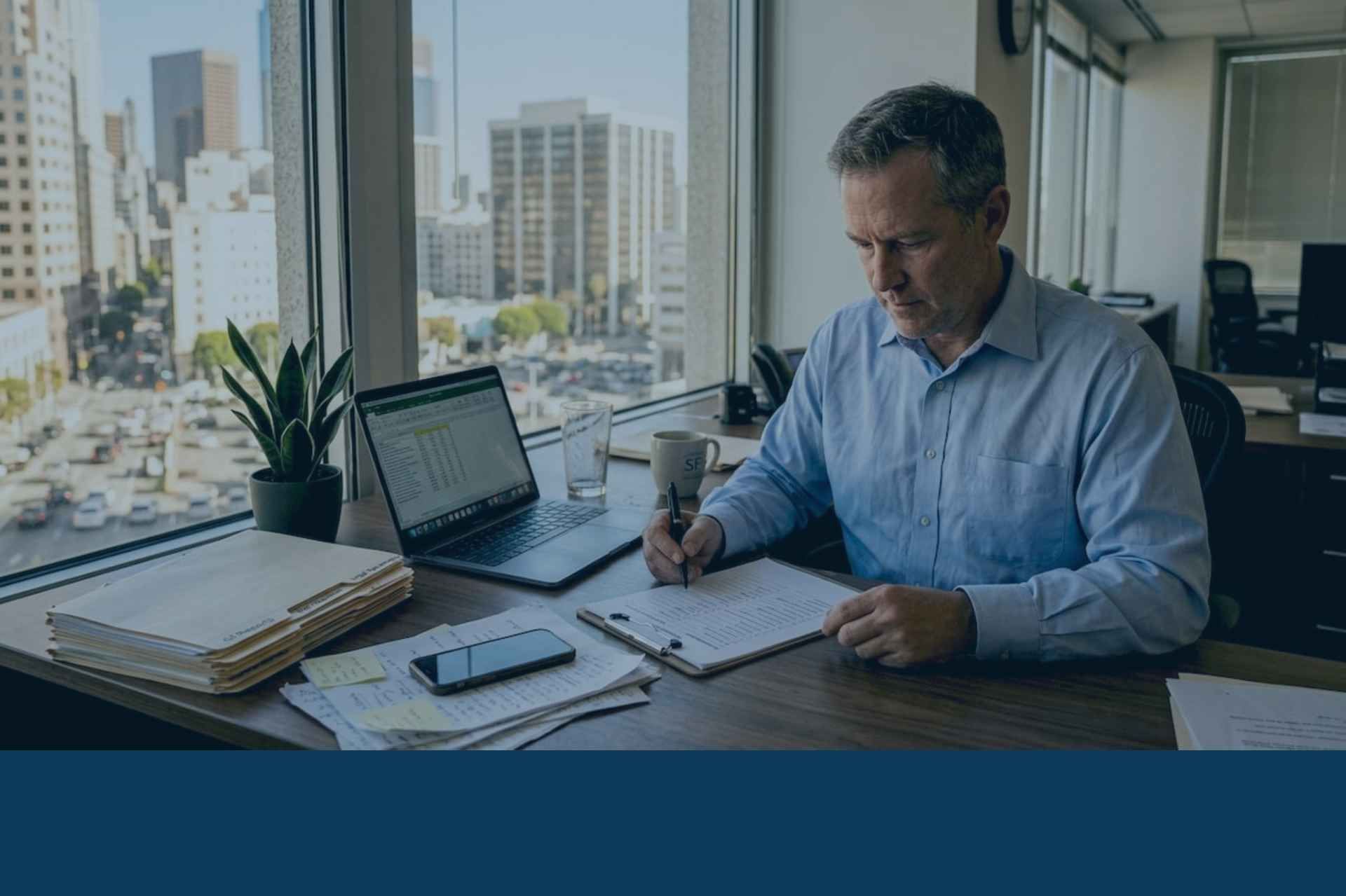 A professional in a blue shirt works at a desk by a window overlooking a city, taking notes next to a laptop.