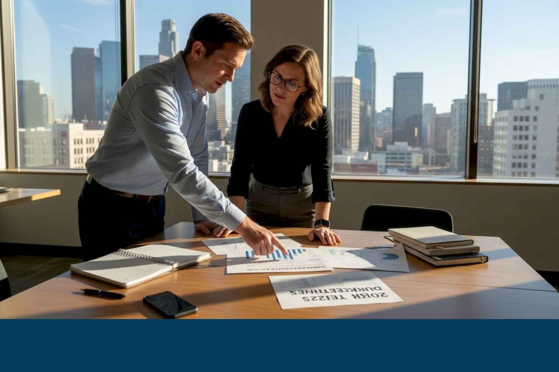 Two colleagues in a sunlit office look over documents and a graph on a desk with a city skyline visible through windows.