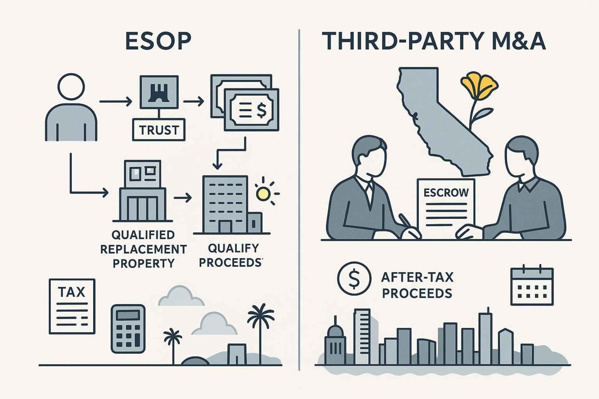 Comparison of ESOP and Third-Party M&A processes, showing steps, involved parties, and financial outcomes.