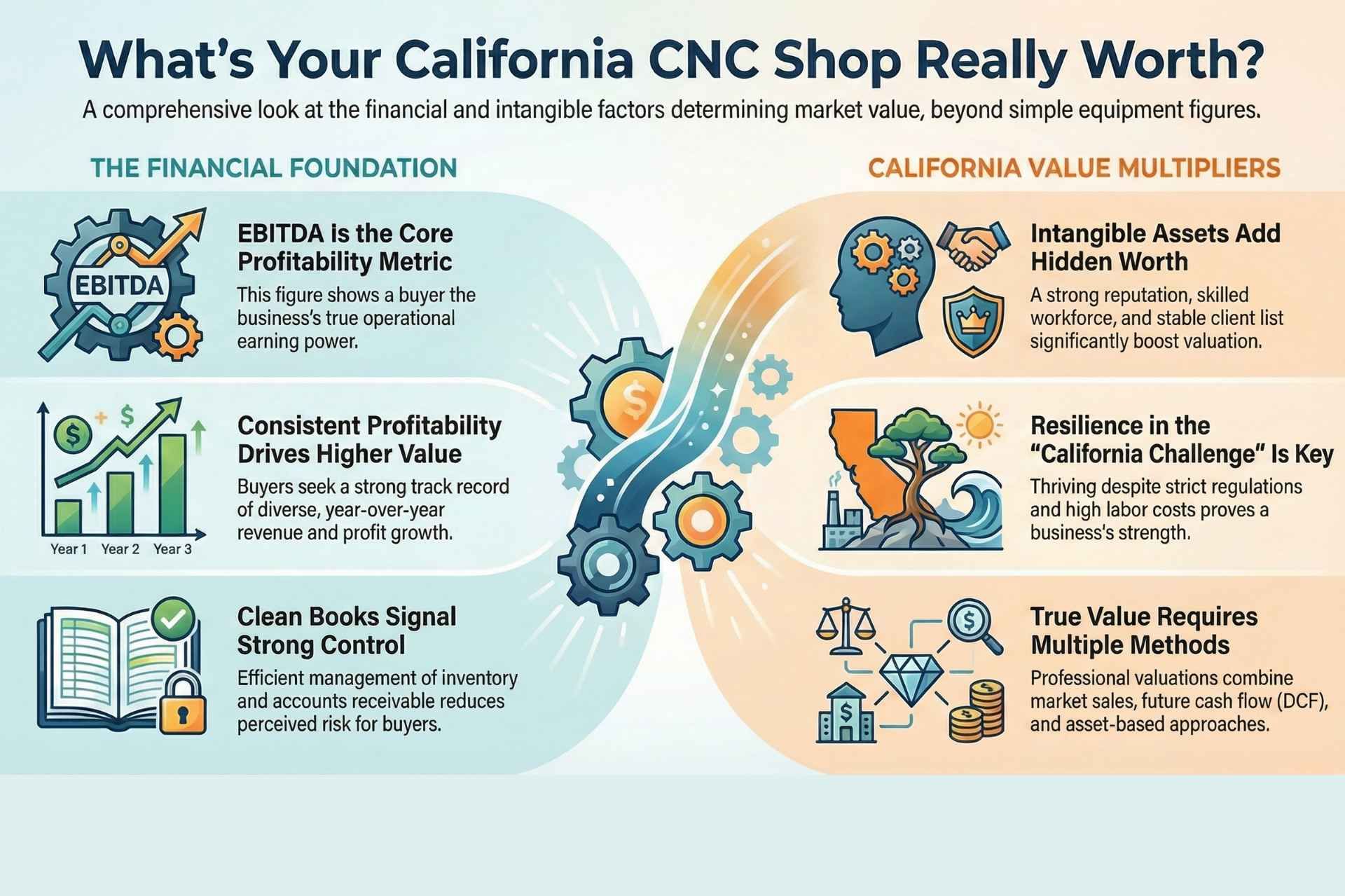 Infographic: evaluating the worth of a California CNC shop, with financial and value multipliers.