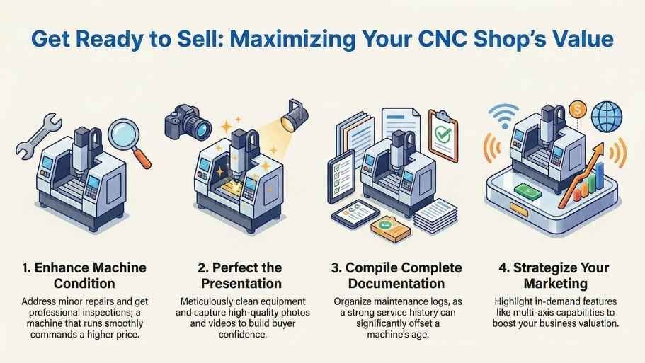 Infographic: Preparing a CNC shop for sale, with steps: enhance, present, document, and market.