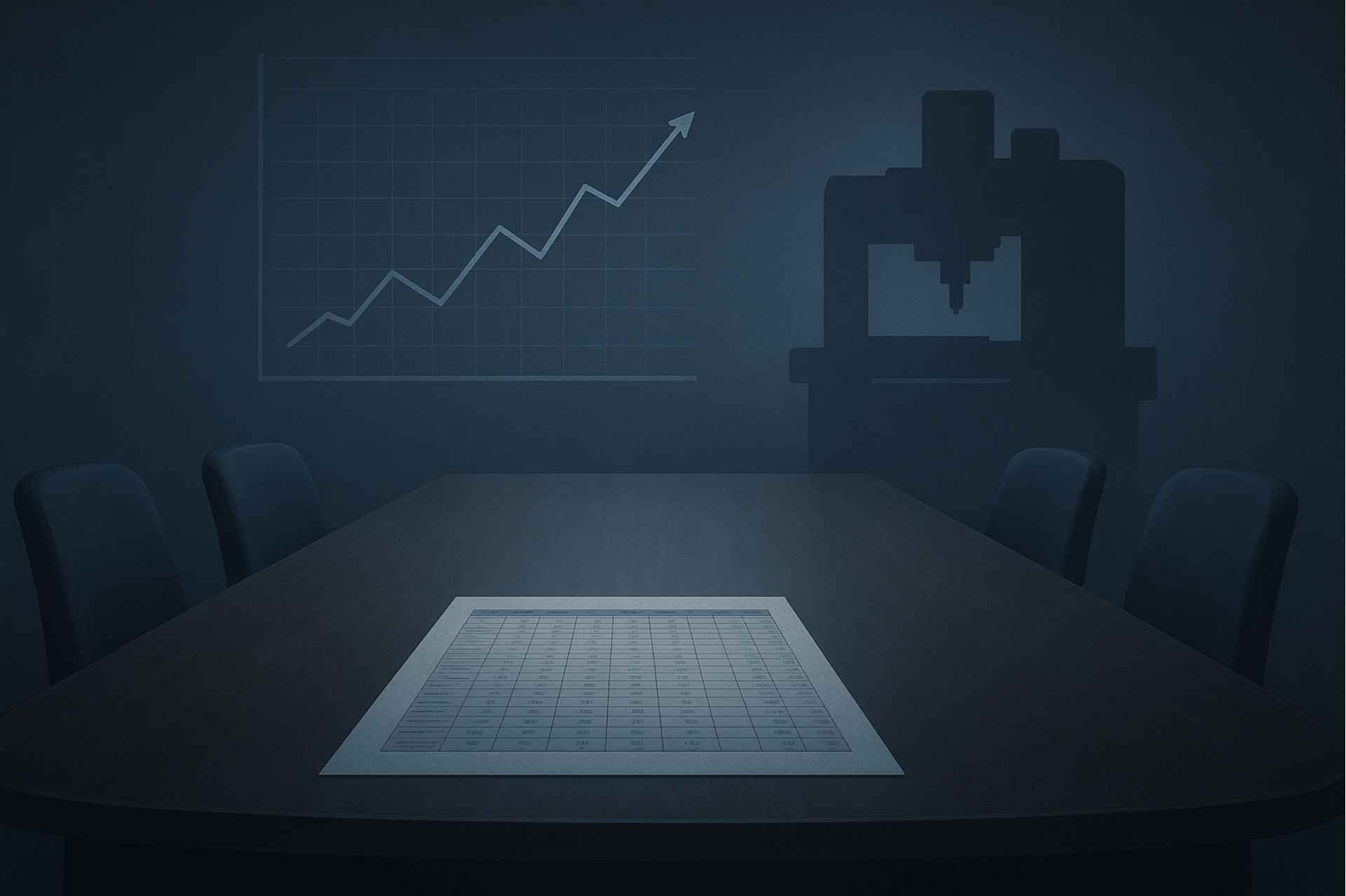 A dark conference room featuring a table with a document, a rising line graph, and a silhouetted industrial machine.