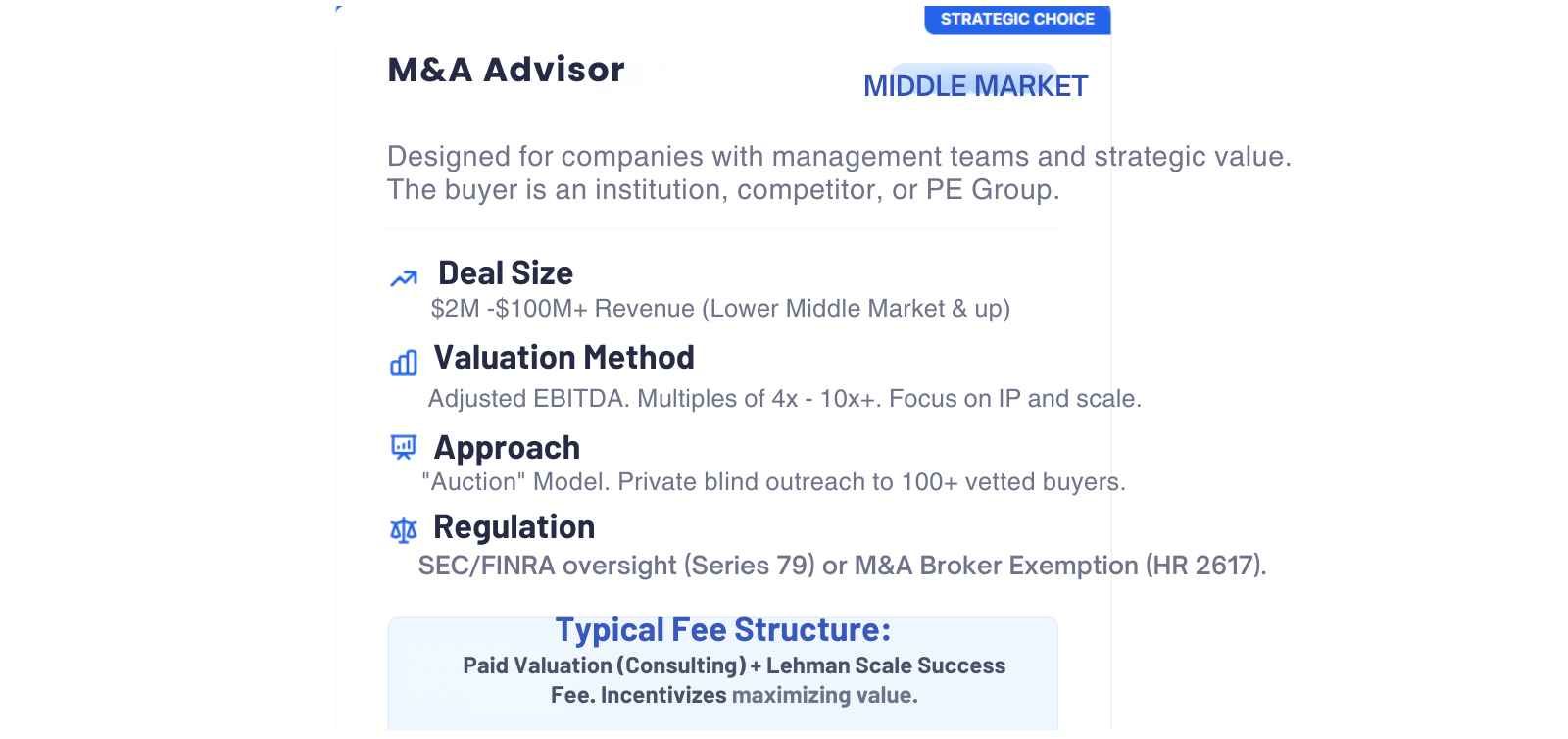 M&A Advisor description, including deal size, valuation, approach, regulation, and fee structure.