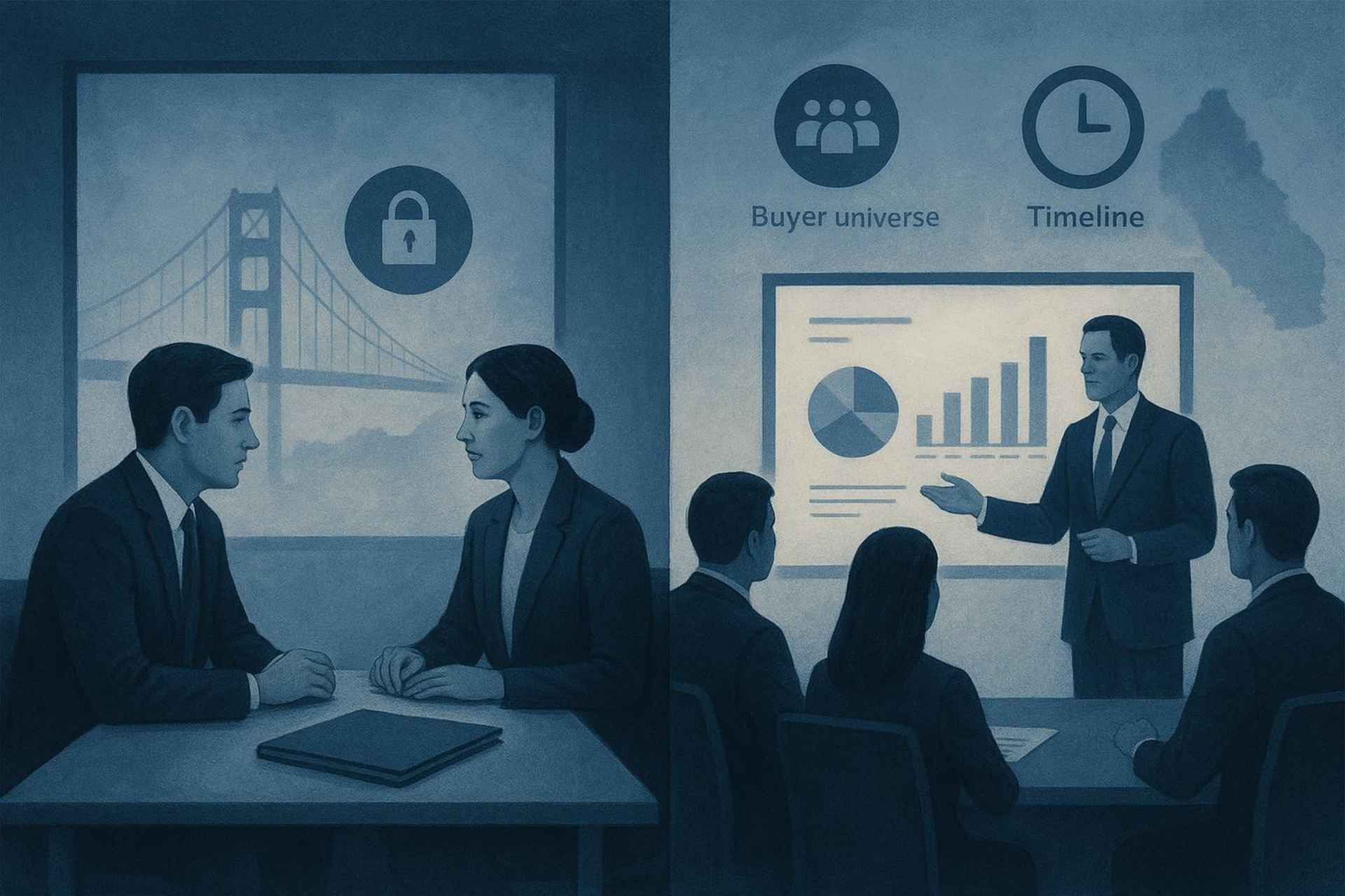 Business meeting: Man presents data to colleagues. Golden Gate Bridge artwork and graphs on display.