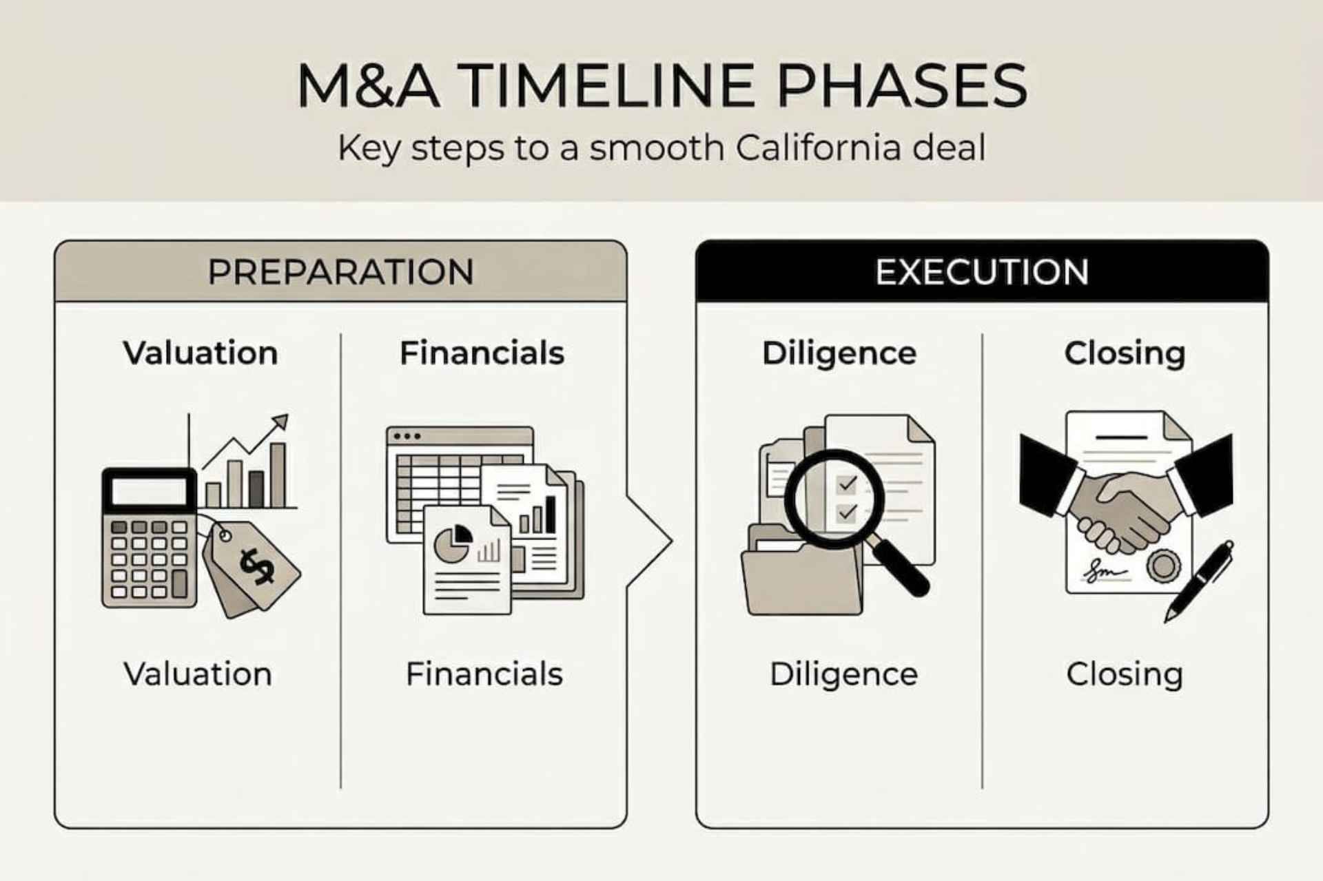 An M&A timeline infographic split into two phases: Preparation (Valuation, Financials) and Execution (Diligence, Closing).