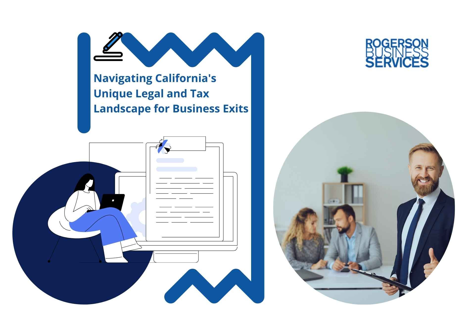 Promotional graphic: Paper with headline about California business exits. Includes illustrations and a business team photo.