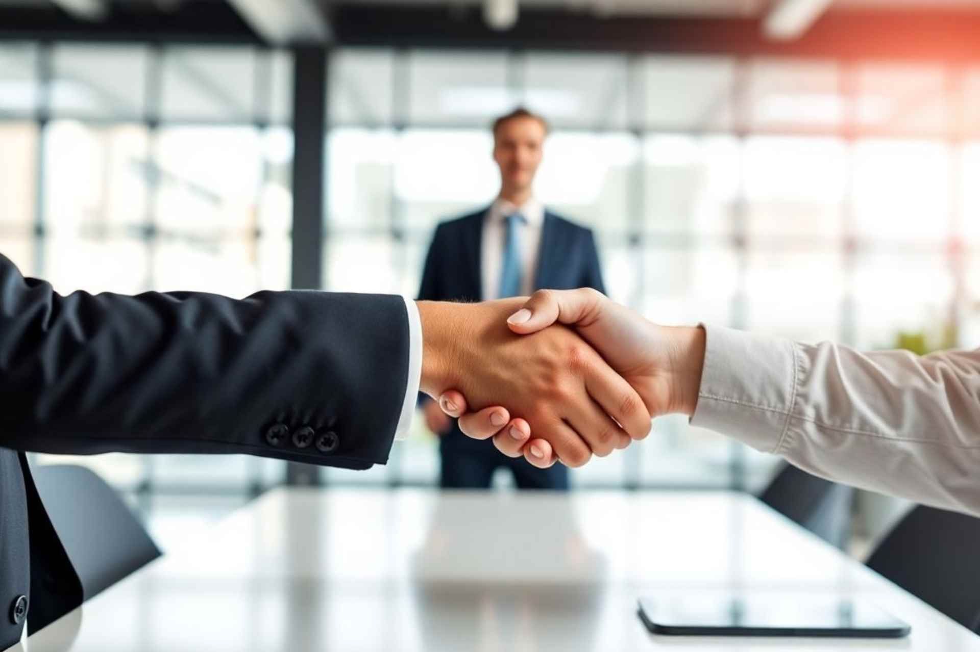 Business handshake over a table in a modern office.