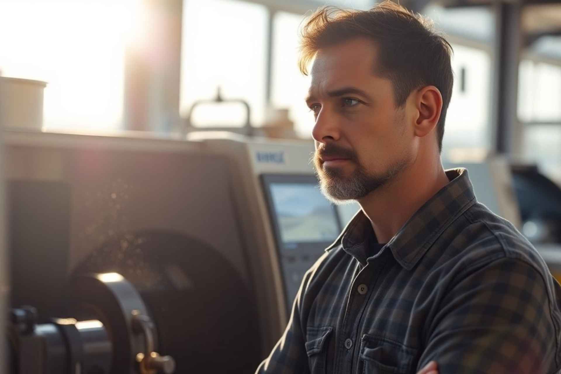 Man with beard, looking thoughtfully, next to machinery in a workshop, lit by sunlight.