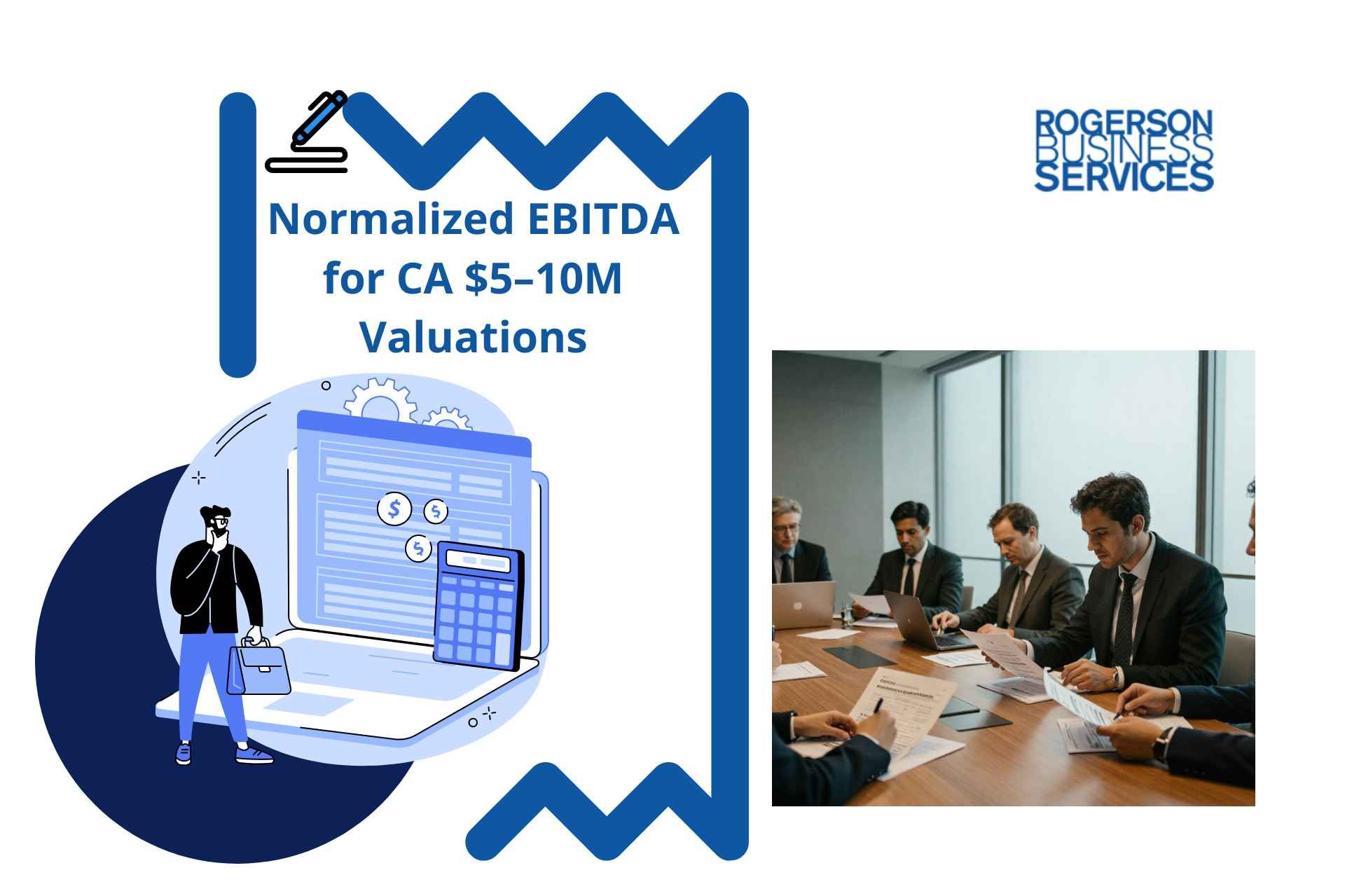 Chart and calculator graphic with “Normalized EBITDA for CA $5-10M Valuations” and a small business meeting photo