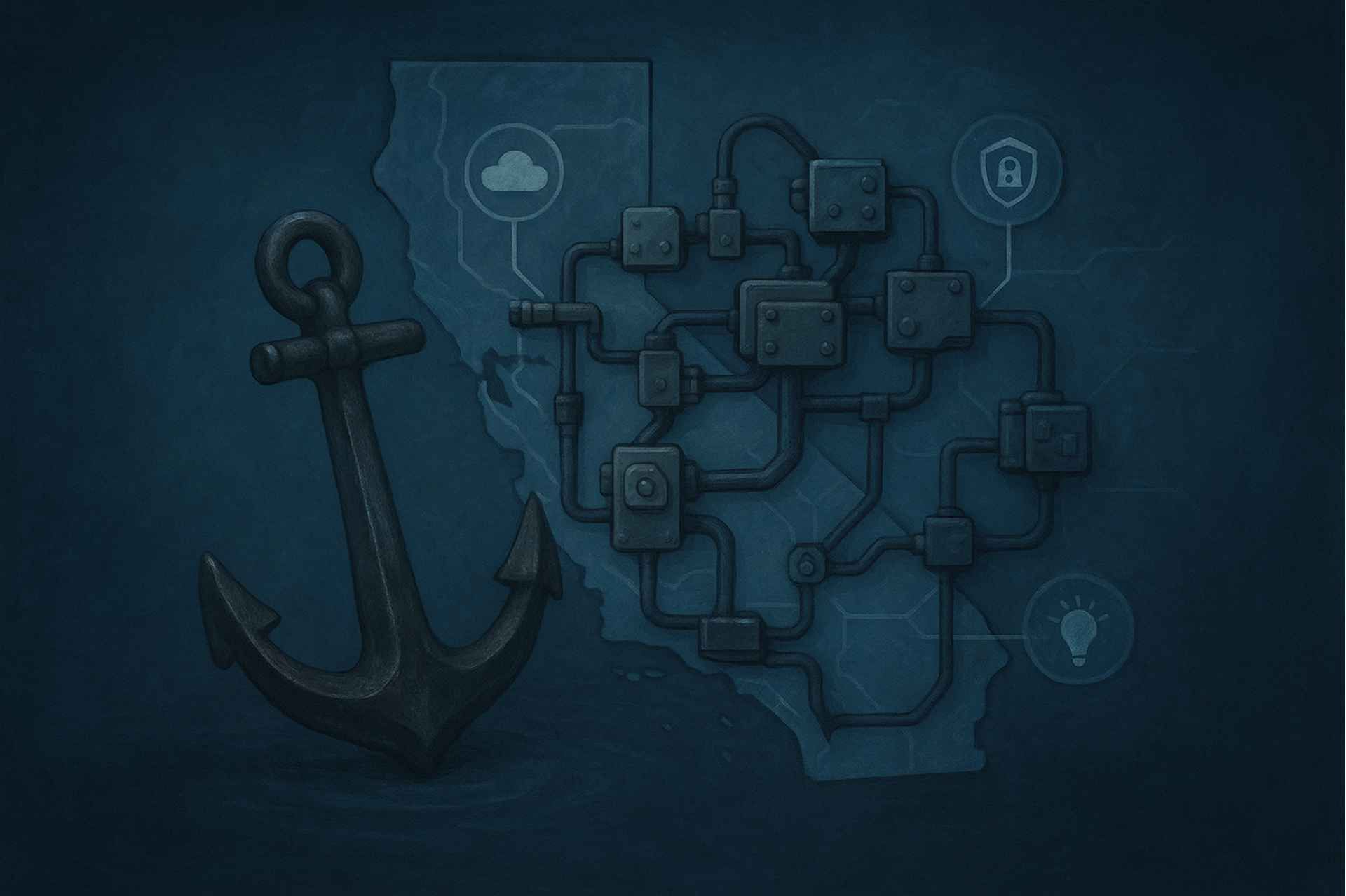 A stylized blue map of California featuring an anchor, a network of mechanical components, and icons for cloud and security.
