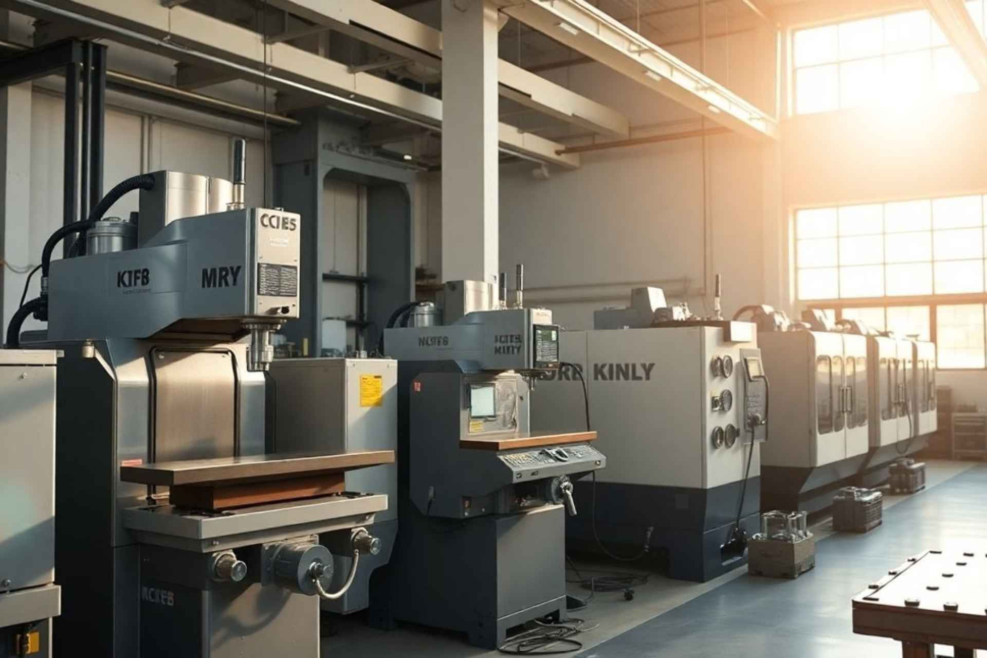 Machining factory with industrial equipment, sunlight through windows.