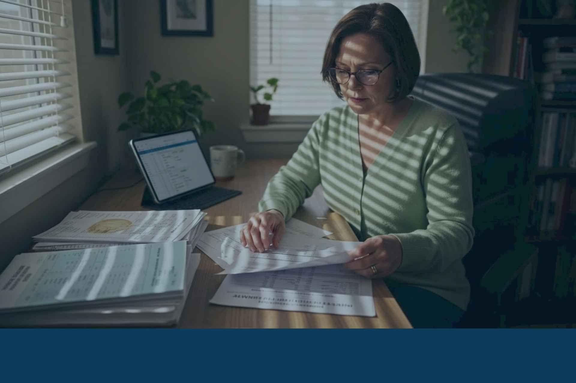 A person sits at a desk in a sunlit room, working with documents while a tablet rests nearby.
