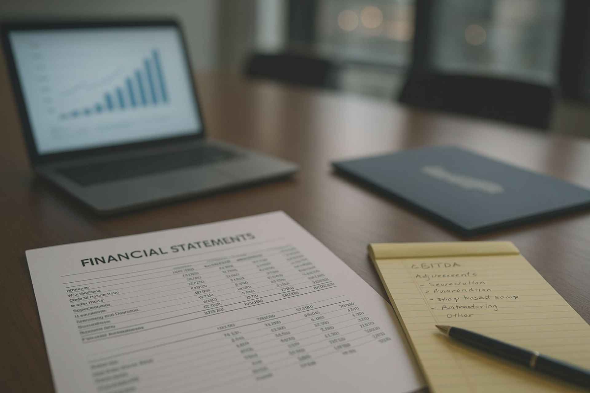 Financial statements, laptop, notebook, and pen on a desk in a modern office setting
