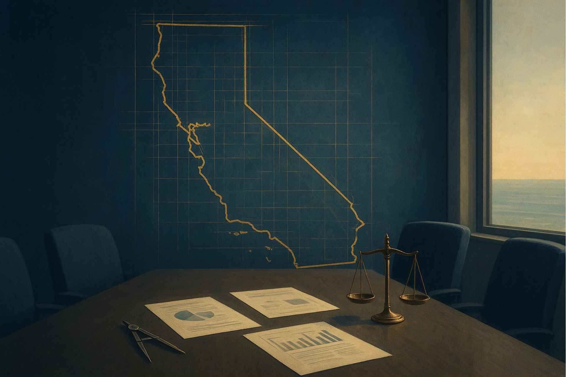 A gold outline of California on a dark blue wall above a conference table with documents, a scale, and a drafting compass.
