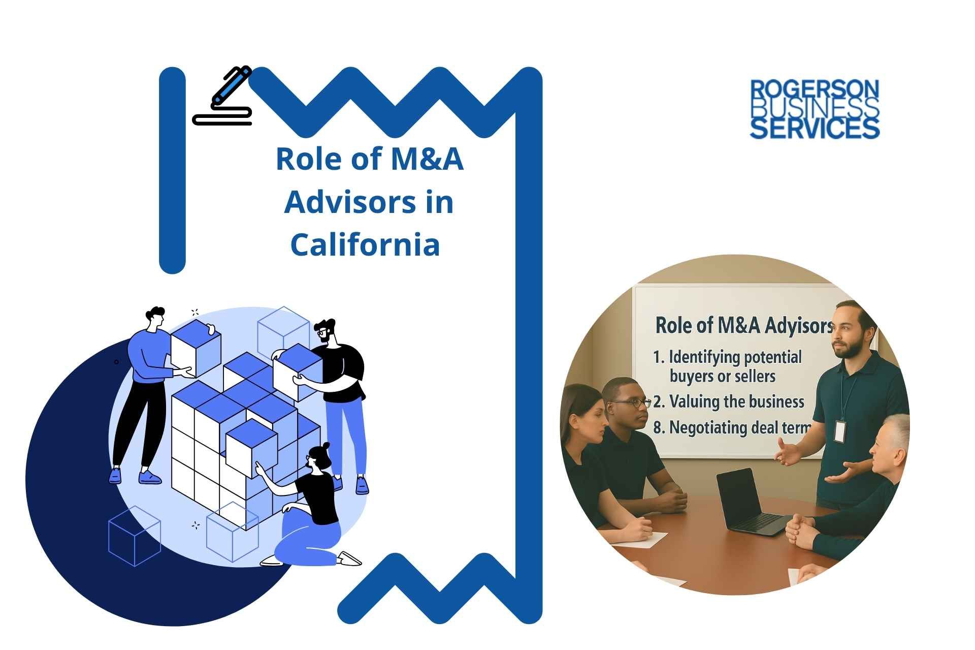 Graphic slide titled “Role of M&A Advisors in California” with blue abstract frame and small meeting photo.
