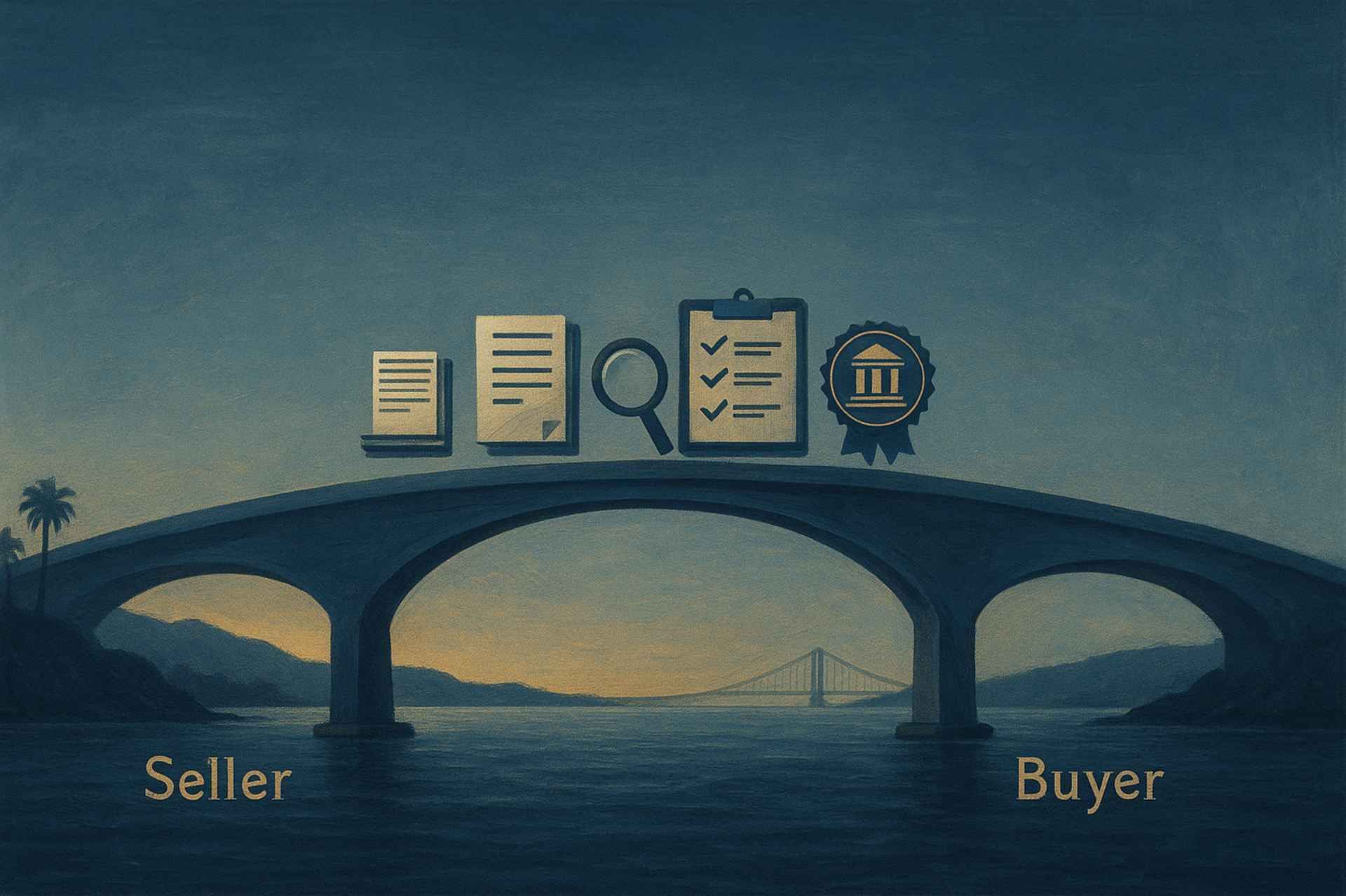 A bridge spans a body of water, connecting a