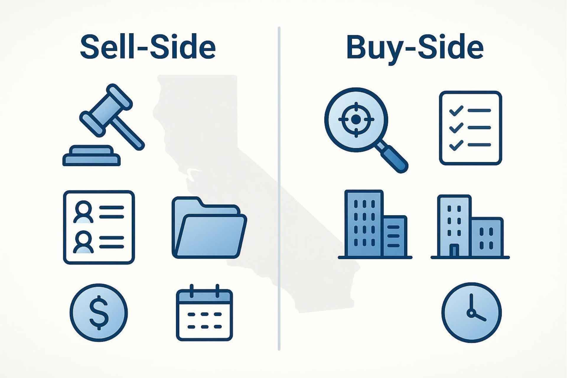 Sell-Side and Buy-Side icons: gavel, client profiles, money, calendar vs. magnifying glass, checklist, buildings, clock.