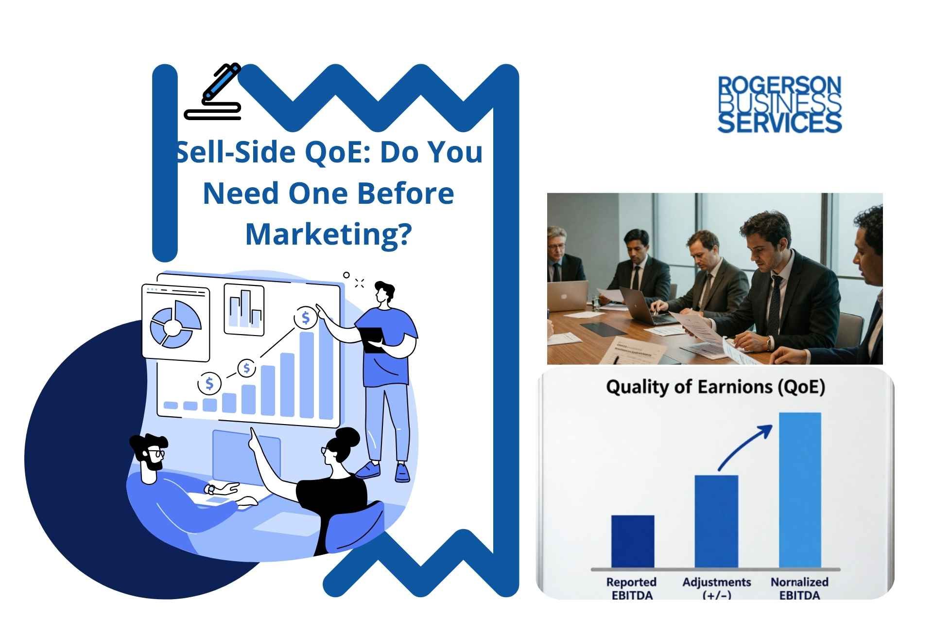 Sell-side QOE marketing graphic with blue charts, meeting photo, and “Quality of Earnings” title.